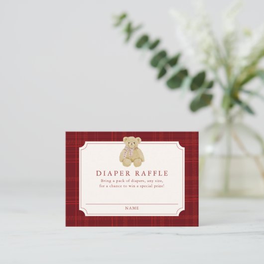Carte D'accompagnement Preppy Red Plaid Teddy Bear Diaper Raffle (Debout devant)