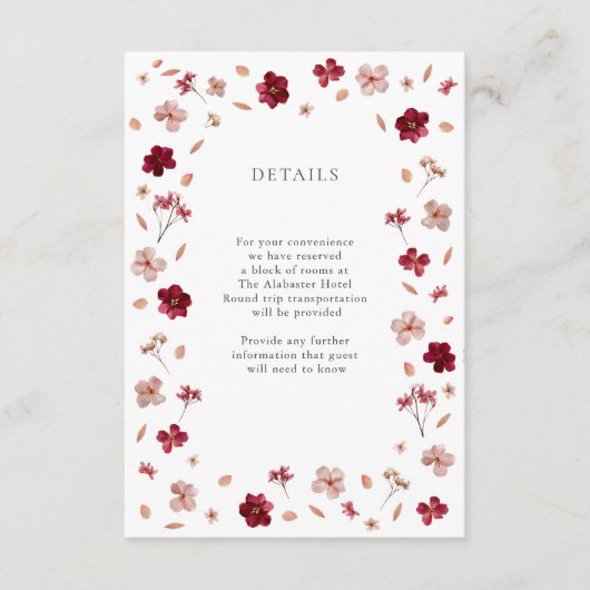 Carte D'accompagnement Pressé rose rouge et crème, Mariage floral Détails (Devant)