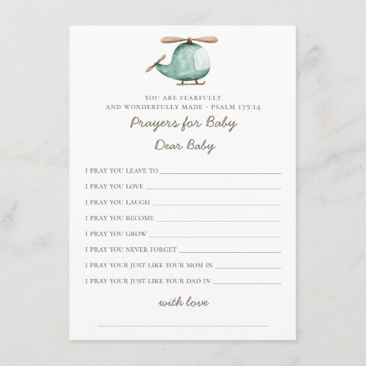 Carte D'accompagnement Prières pour bébé | Baby shower d'hélicoptère vert (Devant)