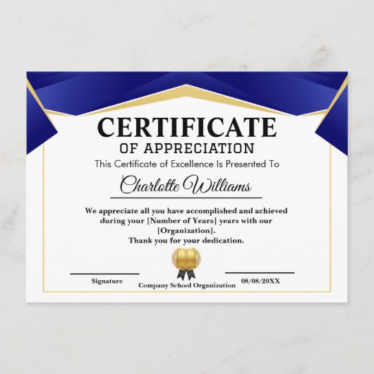 Carte D'accompagnement  Pro Achievement Appreciate Gold Blue Certificate (Devant)