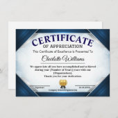 Carte D'accompagnement Professional Blue Appreciation Certificate (Devant / Derrière)