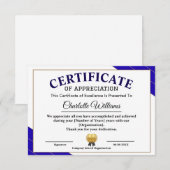 Carte D'accompagnement Professional Certificate of Appreciation Award (Devant / Derrière)