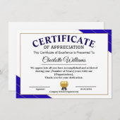 Carte D'accompagnement Professional Certificate of Appreciation Award (Devant / Derrière)