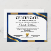 Carte D'accompagnement Professional Certificate of Appreciation Blue Gold (Devant / Derrière)