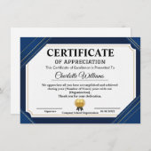 Carte D'accompagnement Professional Certificate of Appreciation Blue Gold (Devant / Derrière)