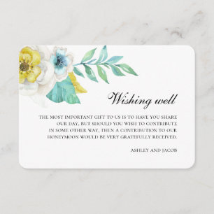 Carte D'accompagnement Puits de souhaits bleu et jaune. Mariage floral