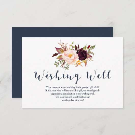 Carte D'accompagnement Puits de vœux de mariage floral marine Bourgogne (Devant / Derrière)