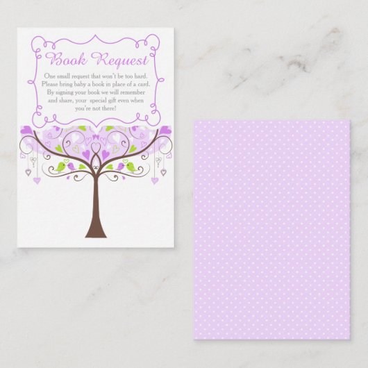 Carte D'accompagnement Purple and Green Bird Baby Shower Book Request (Devant / Derrière)