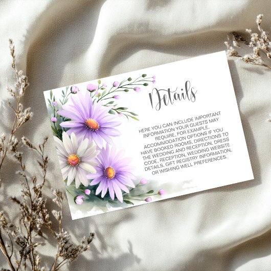 Carte D'accompagnement Purple and White Daisies Wedding Details