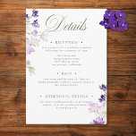 Carte D'accompagnement Purple Boho Fleur sauvage White Mariage Détails<br><div class="desc">Capturez l'essence de l'élégance rustique avec notre belle carte d'enceinte à mariages fleuris boho. De délicats bouquets de fleurs sauvages violets et lavande, peints à la main dans une aquarelle de style lâche, sont arrangés avec art avec du feuillage vert sauge. Ce design évoque un sentiment de beauté naturelle et...</div>