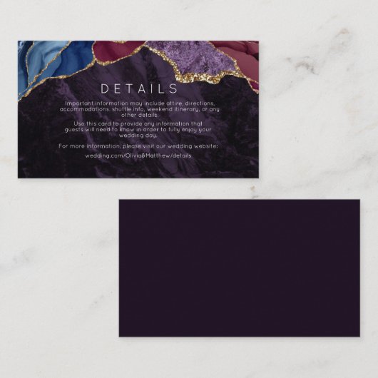 Carte D'accompagnement Purple Bourgogne Agate & Gold Mariage Détails Cart (Devant / Derrière)