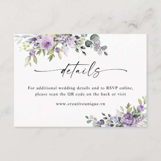 Carte D'accompagnement Purple Floers Wedding Website QR Code Details  (Devant)