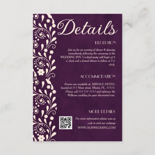 Carte D'accompagnement Purple Floral Wedding Details QR code (Devant)
