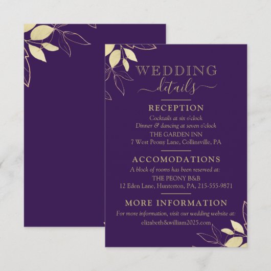 Carte D'accompagnement Purple & Gold Foliage Mariage botanique moderne (Devant / Derrière)