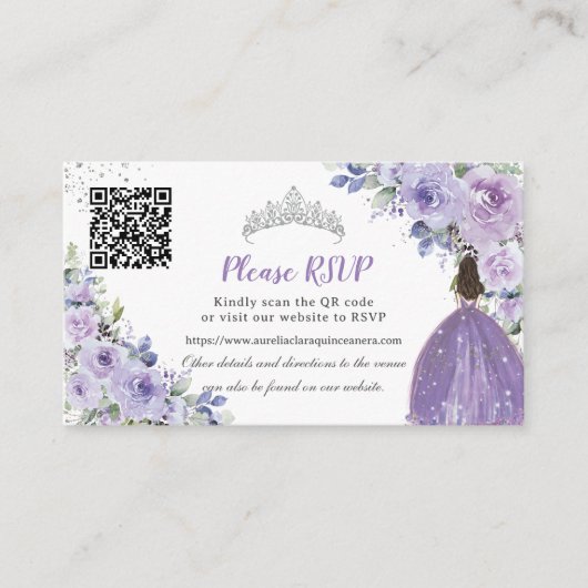 Carte D'accompagnement Purple Lilac Floral Argent Quinceañera QR Code (Devant)