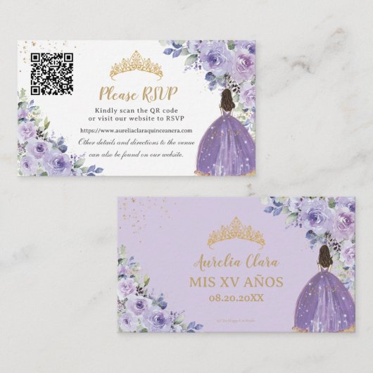 Carte D'accompagnement Purple Lilac Floral Or Quinceañera QR Code (Devant / Derrière)