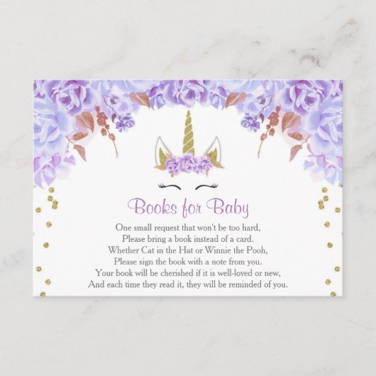 Carte D'accompagnement Purple or licorne fille baby shower demande de car (Devant)
