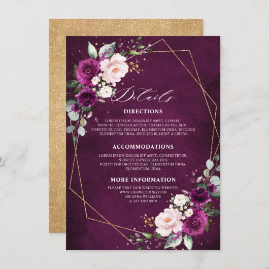 Carte D'accompagnement Purple Plum Blush Rose Roses Détails Mariage Enclo (Devant / Derrière)