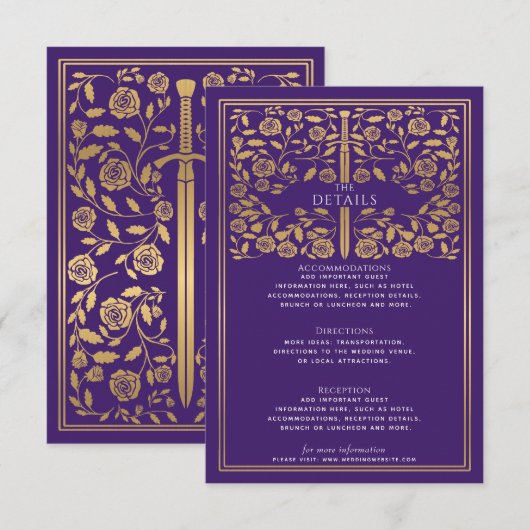 Carte D'accompagnement Purple Royal Medieval Mariage Détails (Devant / Derrière)