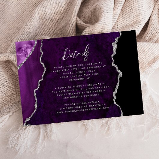 Carte D'accompagnement Purple Silver Agate Script Wedding Details