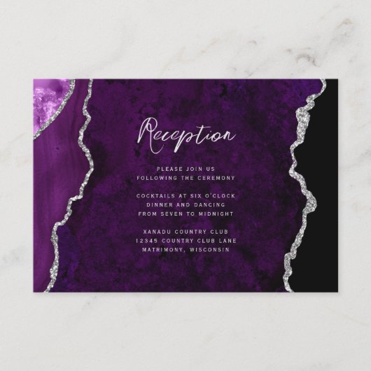 Carte D'accompagnement Purple Silver Agate Script Wedding Reception (Devant)