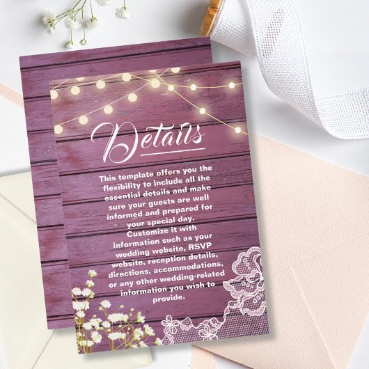 Carte D'accompagnement Purple Wood String Lights & Lace Détails du Mariag