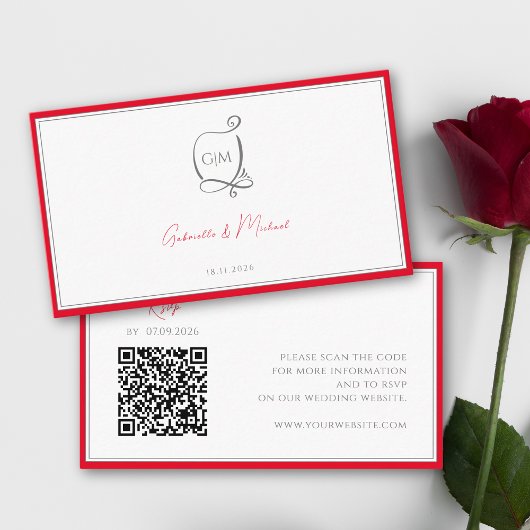 Carte D'accompagnement QR Cherry Red Simple Élégant Monogramme RSVP Maria