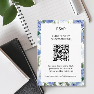 Carte D'accompagnement QR Code Aquarelle Bleue Mariage Floral RSVP