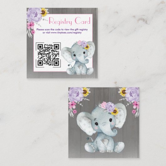 Carte D'accompagnement QR Code Baby Elephant Registry Purple Pink Yellow (Devant / Derrière)