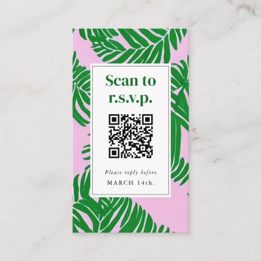 Carte D'accompagnement QR Code Beach Wedding RSVP Pink Green Palm Tree (Devant)