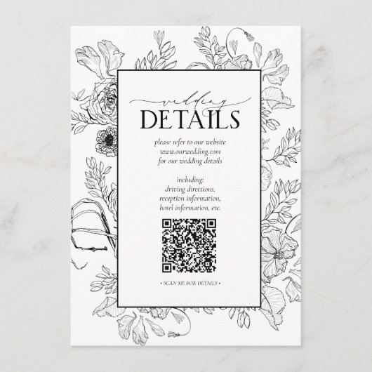 Carte D'accompagnement QR Code Black White Floral Détails du Mariage (Devant)