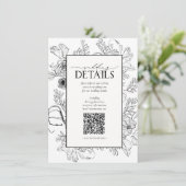 Carte D'accompagnement QR Code Black White Floral Détails du Mariage (Debout devant)