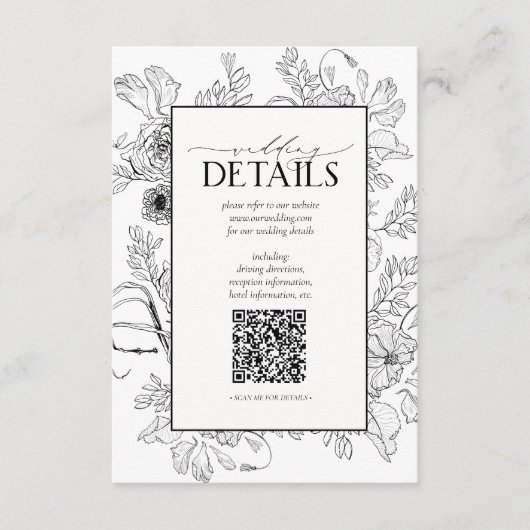 Carte D'accompagnement QR Code Black White Floral Détails du Mariage (Devant)