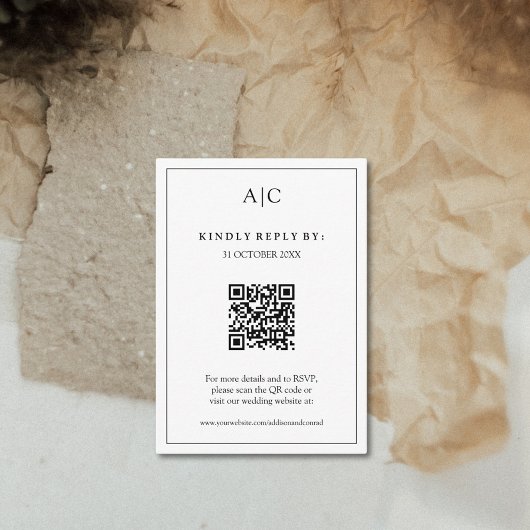 Carte D'accompagnement QR Code Blanc Monogramme Mariage RSVP