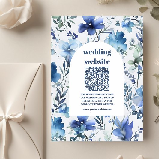 Carte D'accompagnement qr code Blue Watercolor Fleur sauvage Mariage