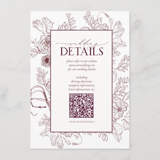 Carte D'accompagnement QR Code Bourgogne Détails du Mariage Floral (Devant)