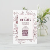 Carte D'accompagnement QR Code Bourgogne Détails du Mariage Floral (Debout devant)