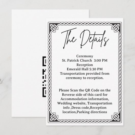 Carte D'accompagnement QR Code Celtic Frame Wedding Details  (Devant / Derrière)