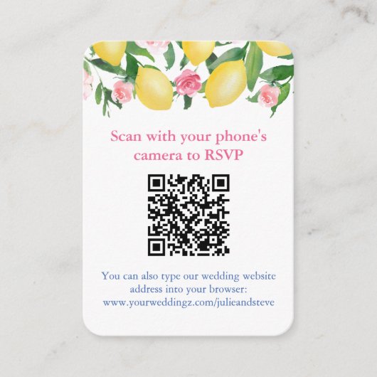 Carte D'accompagnement QR Code Citrons Rose et Blanc en ligne RSVP (Devant)