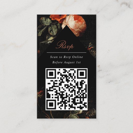 Carte D'accompagnement QR Code Dark Moody Black Floral Website RSVP (Devant)