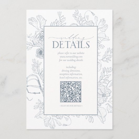 Carte D'accompagnement QR Code Dusty Blue Floral Détails du Mariage (Devant)