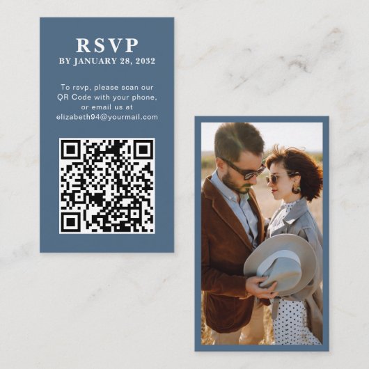 Carte D'accompagnement QR Code élégant simple photo en ligne bleu RSVP (Devant / Derrière)