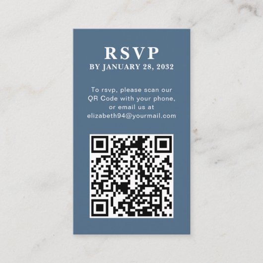 Carte D'accompagnement QR Code élégant simple photo en ligne bleu RSVP (Devant)
