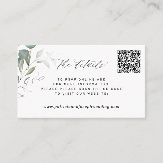 Carte D'accompagnement QR CODE élégante verdure mariage détails du site w (Devant)