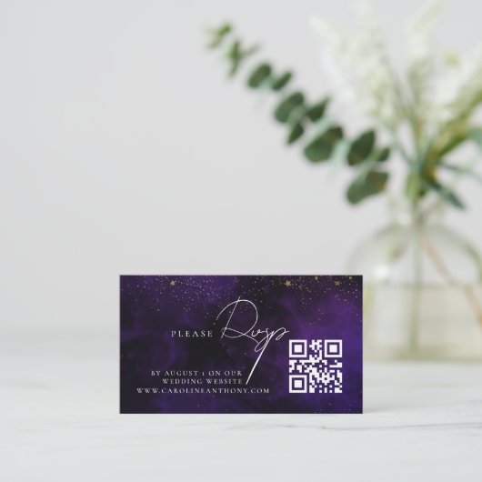 Carte D'accompagnement Qr Code foncé violet magique Mariage or RVSP (Debout devant)