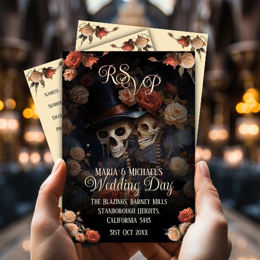 Carte D'accompagnement QR Code Kisser Skeletons RSVP Mariage gothique