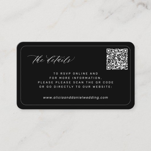 Carte D'accompagnement QR CODE moderne noir mariage détails du site web (Devant)