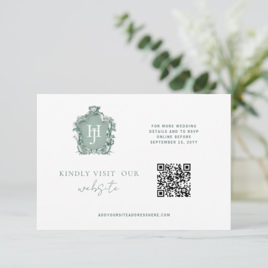 Carte D'accompagnement QR Code Monogramme Bleu, vert intemporel RSVP en l (Debout devant)