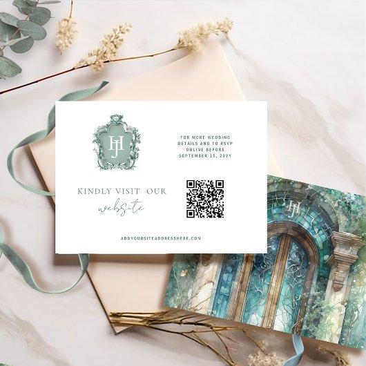 Carte D'accompagnement QR Code Monogramme Bleu, vert intemporel RSVP en l