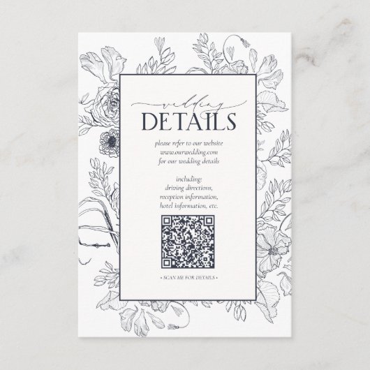 Carte D'accompagnement QR Code Navy Blue Floral Détails du Mariage (Devant)
